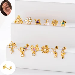 1Piece Cute Multicolour Zircon Star Flower Cross Screw Back Cartilage Stud Earrings Stainless Steel Helix Ear Piercing Jewelry