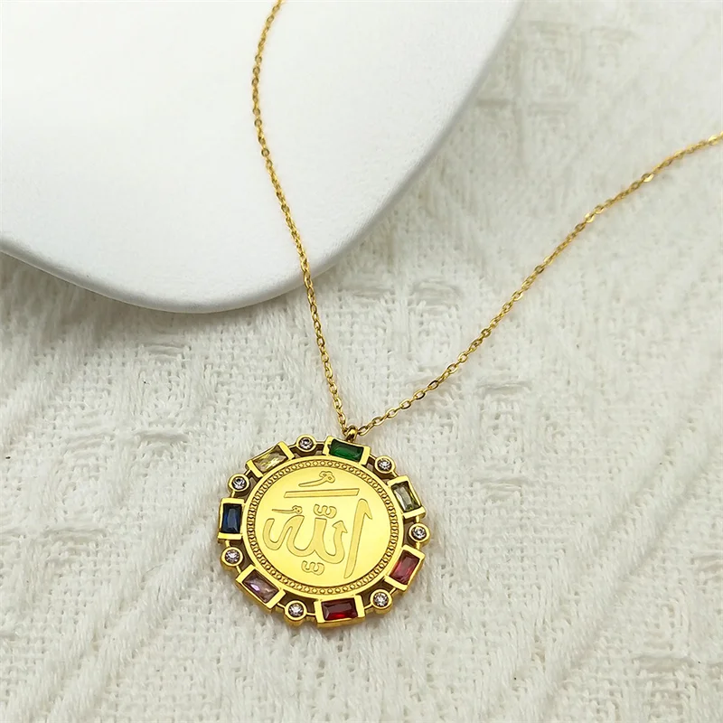 Islam Allah Quran Medal Necklace for Women Men Colorful Zircon Stainless Steel Gold Color Arabic Amulet Necklaces Jewelry