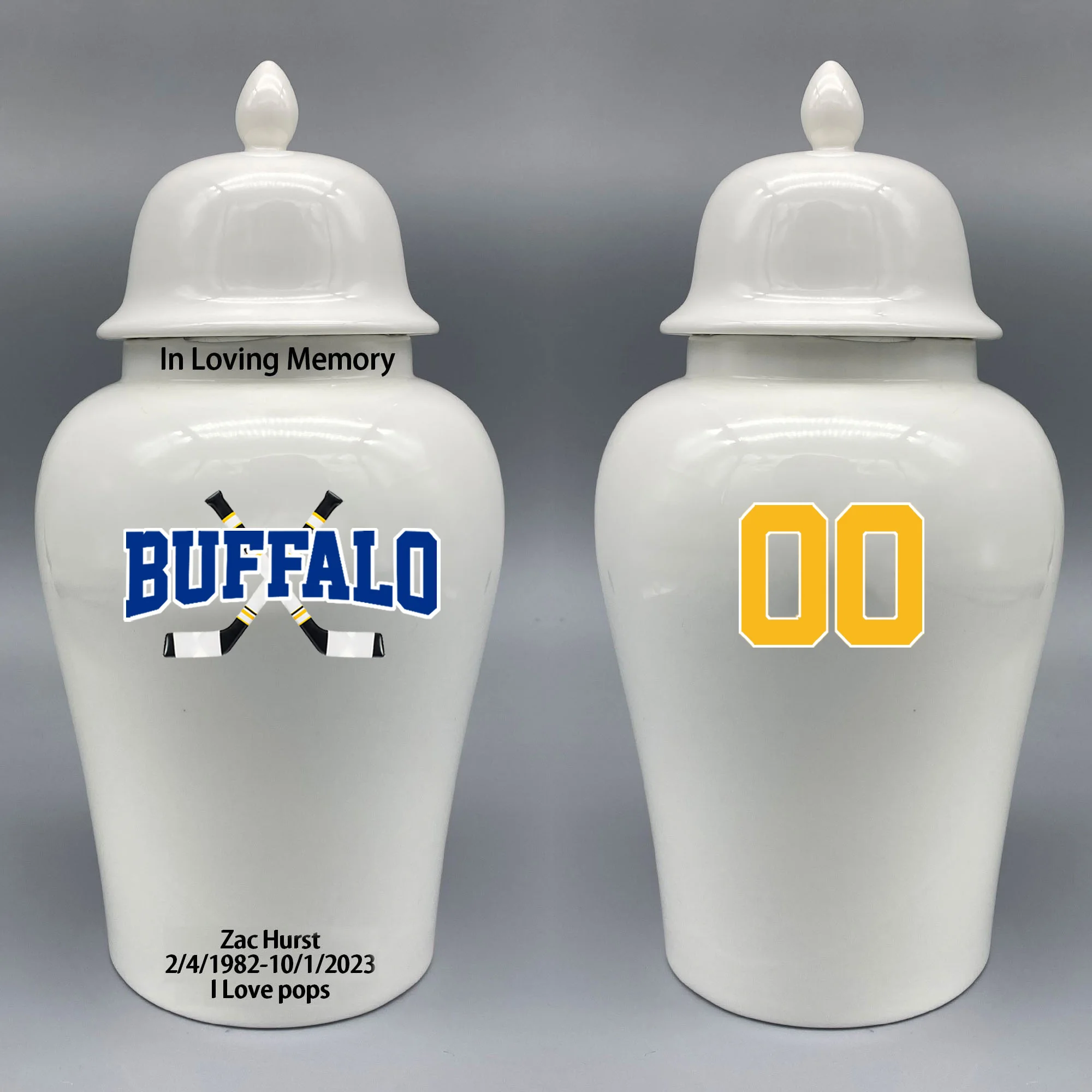 

Large Urn for Buffalo Sabres-themed Hockey Urn.Please send me the customize information-name/date and number on the urn