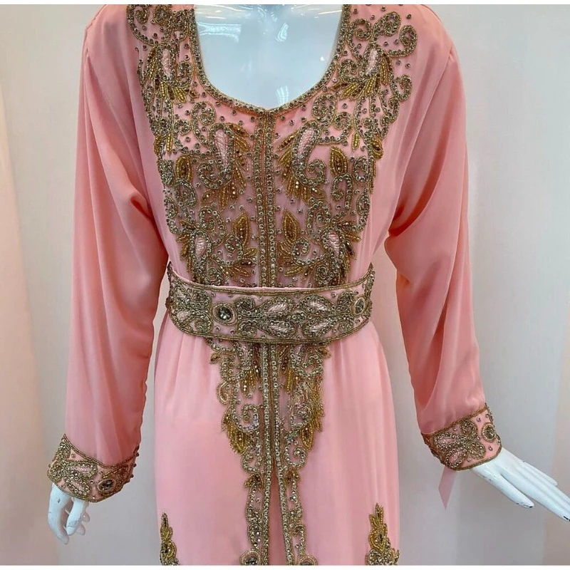 Pink Legant Moroccan Dubai Bedded Work African Attire Bridesmaid Women Dress