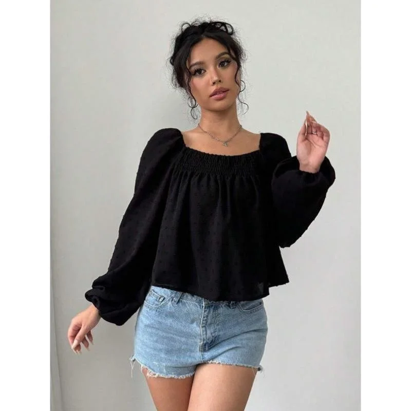 Pure Color Square Collar Long Sve irt L 2789 Cross-Border Sle Casual Women's irt Poly Fabric Fce Lined