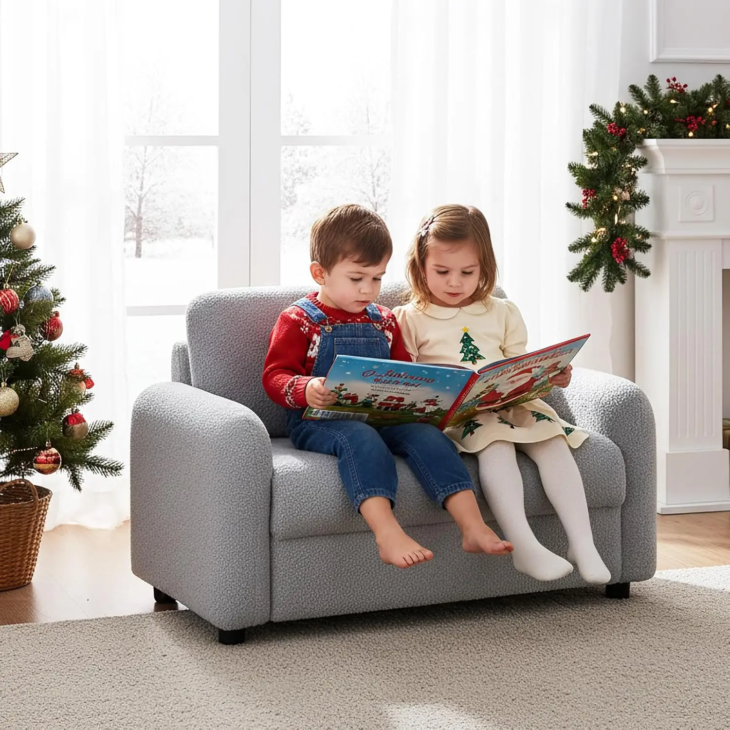 

Детский диван, двухместный мягкий диван с толстой обивкой из плюшевой ткани, прочный деревянный каркас, кресло-шезлонг для игровой комнаты для детей