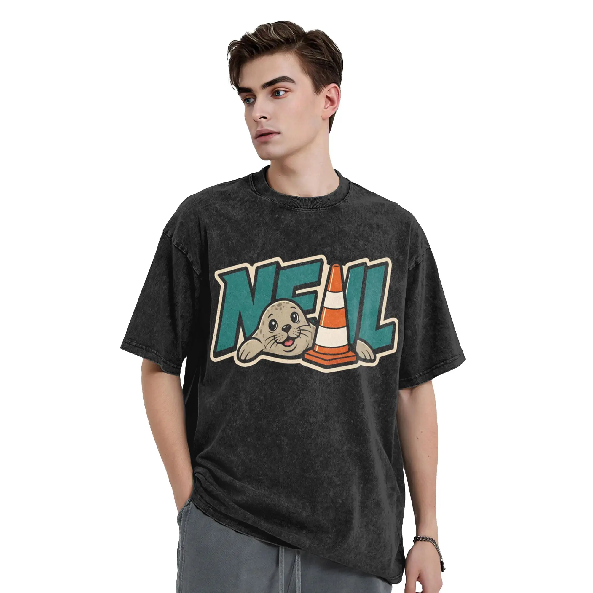 Neil the Seal with Traffic Cone T Shirts Hip Hop Washed Cotton Harajuku T-Shirts Animal Vintage for Men Women Graphic Tee Shirt
