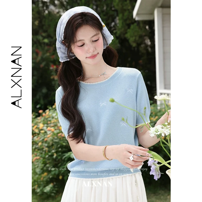 

ALXNAN Blue T-shirt Bow Embroidery Wavy Lace Edge Design Casual Loose-fit T-shirts 2026 Summer Short Sleeve Tops Ladies L65305