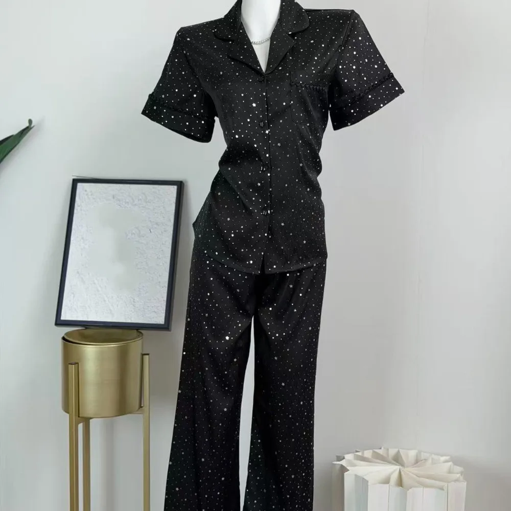

Short Sleeve Pajamas Set Women's Sleepwear Spring Star Applique Satin Trouser Pijamas Suit Loose Casual Homewear Loungewear