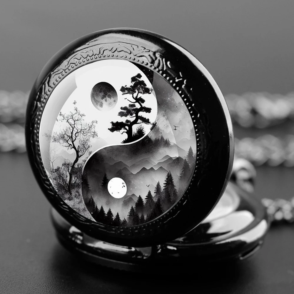 Exquisite Yin-Yang Landscape Glass Dome Quartz Pocket Watch Arabic numeral Necklace Pendant Gifts For Women Man with Chain