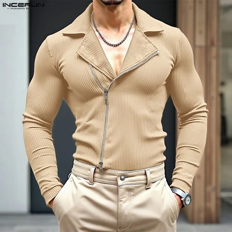 

INCERUN Men Shirt Lapel Long Sleeve Knitted Zipper Solid Color Men Clothing Streetwear Fashion Casual Male Shirts Camisas S-3XL