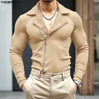 INCERUN, camisa para hombre, solapa, manga larga, tejido con cremallera, Color sólido, ropa para hombre, ropa de calle, camisas casuales de moda para hombre, Camisas S-3XL