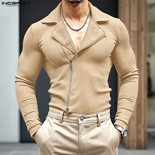 INCERUN, camisa para hombre, solapa, manga larga, tejido con cremallera, Color sólido, ropa para hombre, ropa de calle, camisas casuales de moda para hombre, Camisas S-3XL