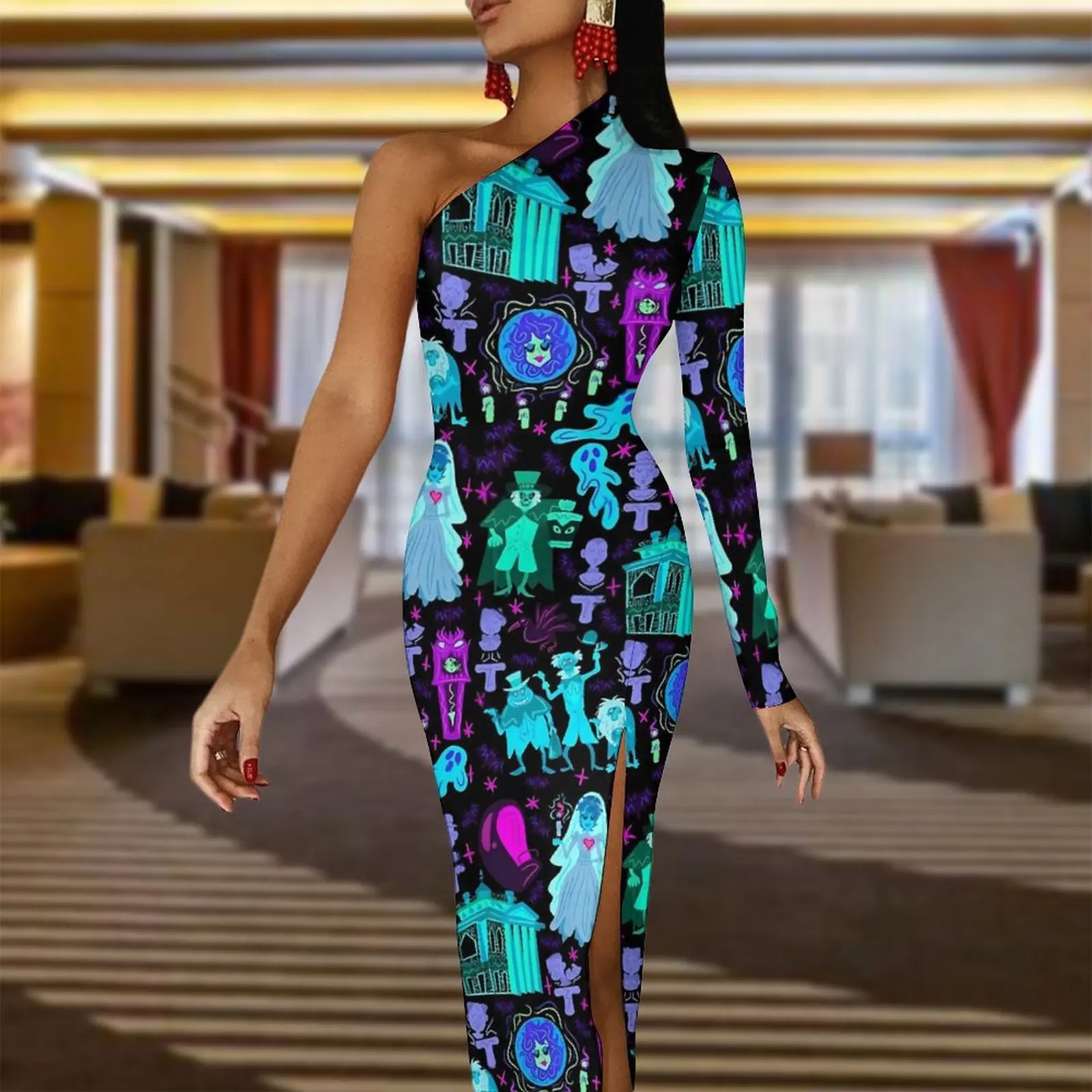 Haunted Mansion Long Dress Woman Halloween Print Streetwear Maxi Dress Autumn Cute Bodycon Dresses High Slit Graphic Vestidos