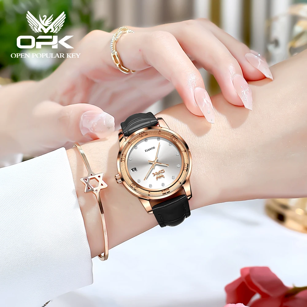 OPK 6013 New Business Women\'s Watches Waterproof Luminous Calendar Quartz Watch For Women Leather Luxury Brand Ladies Wristwatch