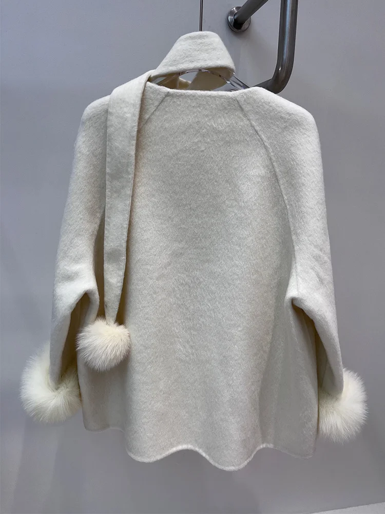 2025 Winter Warm Natuurlijk Echt Bont Vossenbont Manchetten Jas Kasjmier Warme Wollen Wollen Vrouwen Jas Uitloper Vrouwelijke Jas