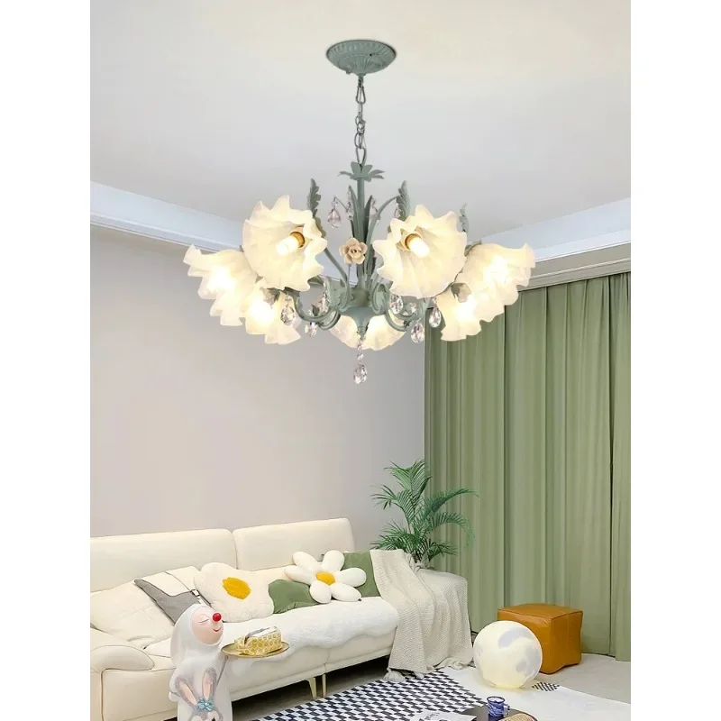 Cream style garden chandelier, rose flower, iron art, basil green, fresh living room, bedroom light, crystal embellished