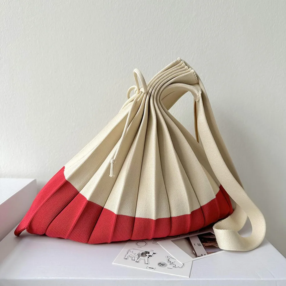 Handbag Knit Folding Shopping Bag Shoulder Pouch Eco-Friendly Foldable Eco Bag Contrast Color Large Capacity Pleated Bag Travel