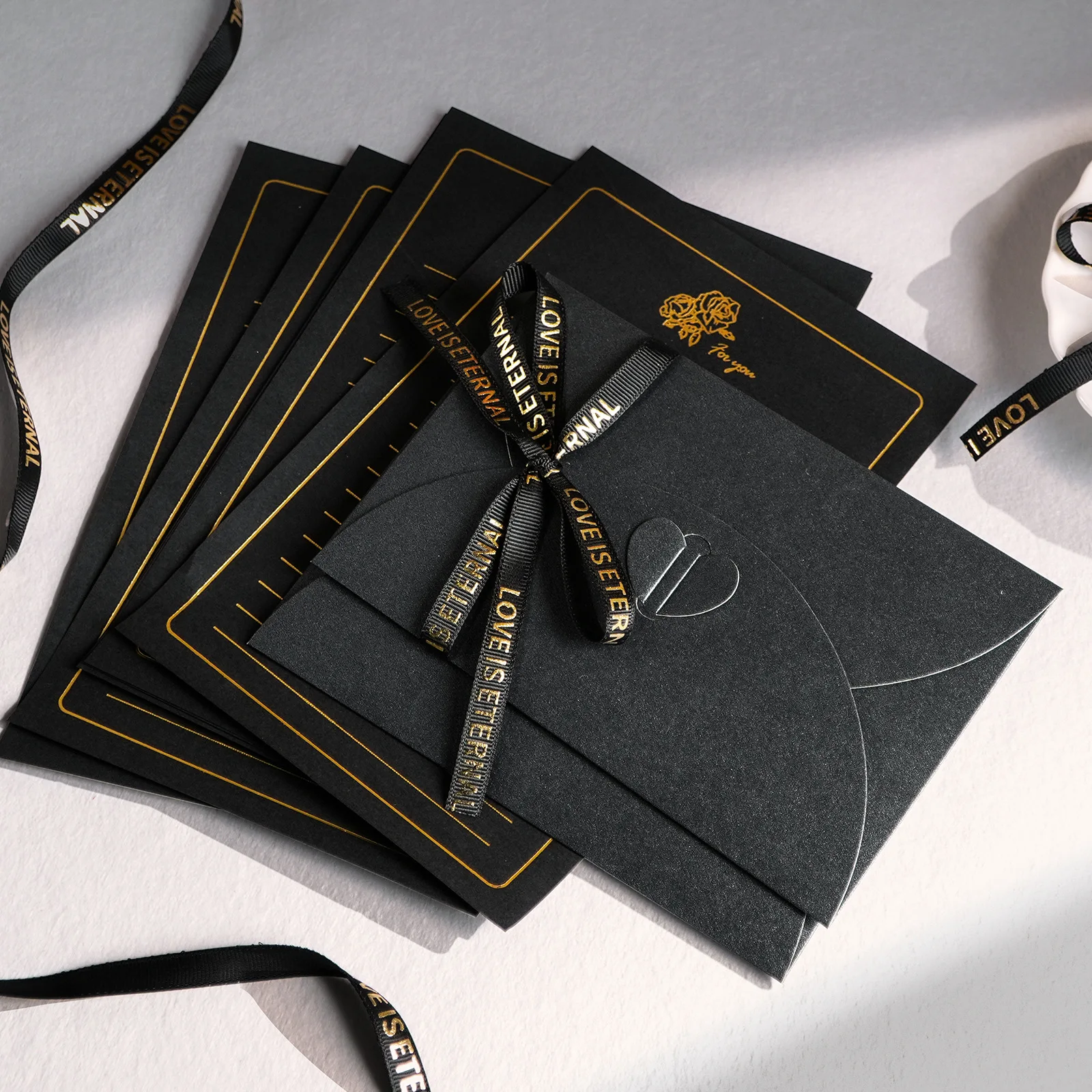 Black Gold Foil Luxury Stationery Envelope Set, Romantic Love Letter Writing Paper for Wedding Invitation Birthday Greeting Card