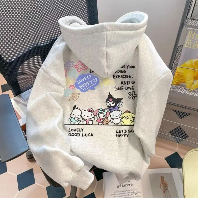

Толстовка Sanrio Hello Kitty с капюшоном, плюшевая, с принтом Silver Fox, для студентов, осенне-зимняя, мультяшная, с принтом Companion, свободного кроя, универсальная