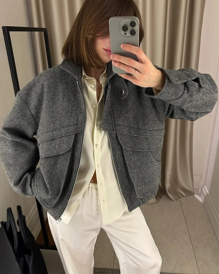 

Новая осенне-зимняя куртка в стиле ретро, женское пальто на молнии спереди, повседневные куртки с клапанами и карманами-стойкой