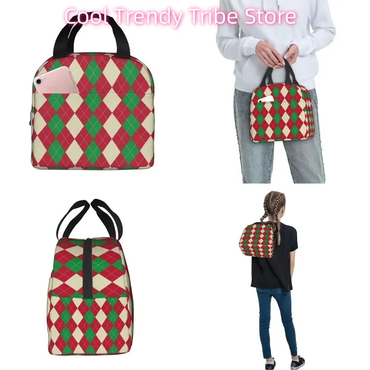 Merry Christmas Plaid Pattern Insulated Lunch Bags Leakproof Red Green Reusable Cooler Bag Tote Lunch Box Beach Travel Men Women