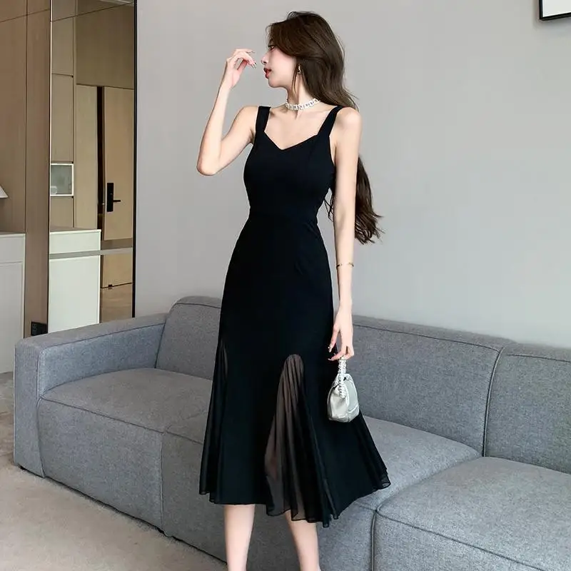 

French Retro Suspender Spring and Summer Mesh Splicing Slim Dress