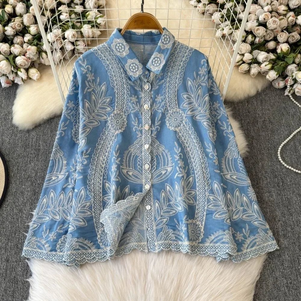 Bright Color Ethnic Style Blouse for Women Cardigans Sweet Embroidery Lace Top Irregular Hem Chic Floral Shirts Vacation