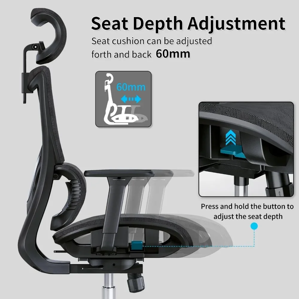 Silla de oficina ergonómica con reposabrazos 3D, silla de escritorio grande y alta para ordenador con reposacabezas ajustable, profundidad del asiento, soporte Lumbar