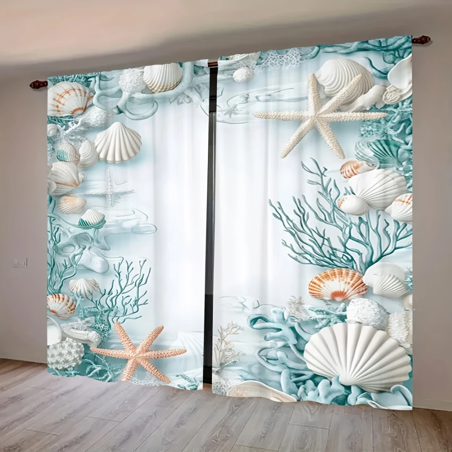 2PCS Digital Printed Curtains, Seashell Starfish Ocean Coastal Beach, Modern Home Decor Style for Living Room Bedroom Decor
