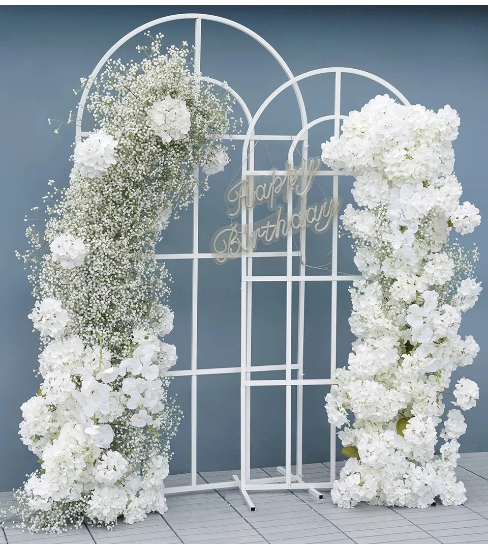 

Luxury White Babysbreath Hydrangea Rose Flower Runner Wedding Backdrop KT Board Decor 5D Floral Arrangement Table Flower