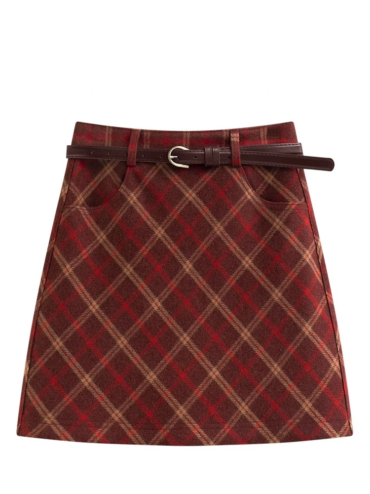 

Красная шерстяная юбка Cisas в клетку с высокой талией, утепленная, А-силуэт, для женщин больших размеров, весна-осень, теплая короткая юбка