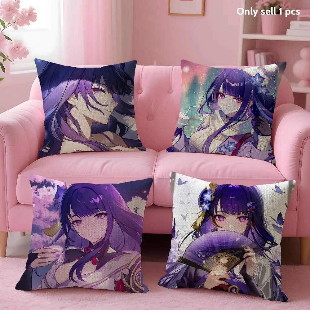 Game Raiden Shogun Cushion Cover Natural Linen Organic Fabric Double-Sided Printing Sofa Home Decor Gift Pillow Case