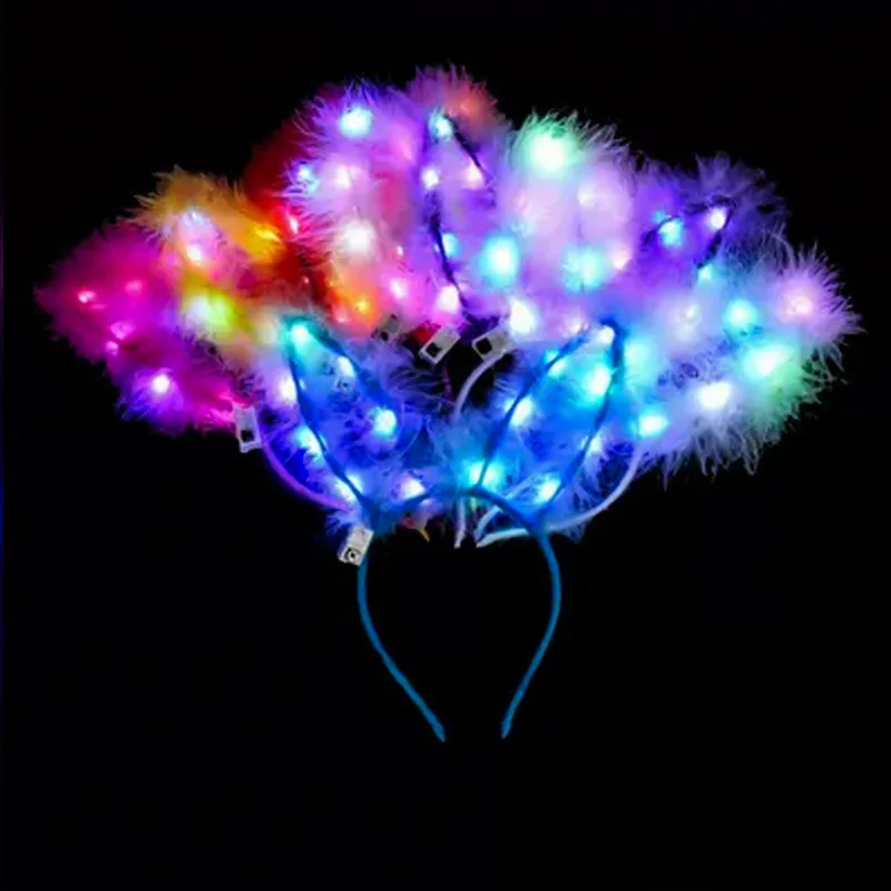1Pcs piece equipped with LED illuminated feather rabbit ear headband, party headband, Christmas and Valentine's Day gifts