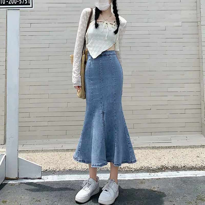 Mermaid Denim Skirts Women Slit High Street Temper Simply Elegant Ladies Korean Fashion Vintage Stylish Clothing Slim Hotsweet