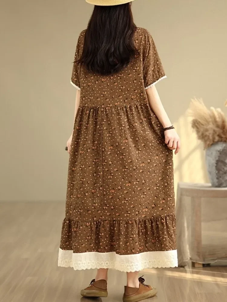 Manga curta oversized algodão linho vintage floral novo em vestidos para mulheres casual solto longo vestido de verão roupas elegantes 2025