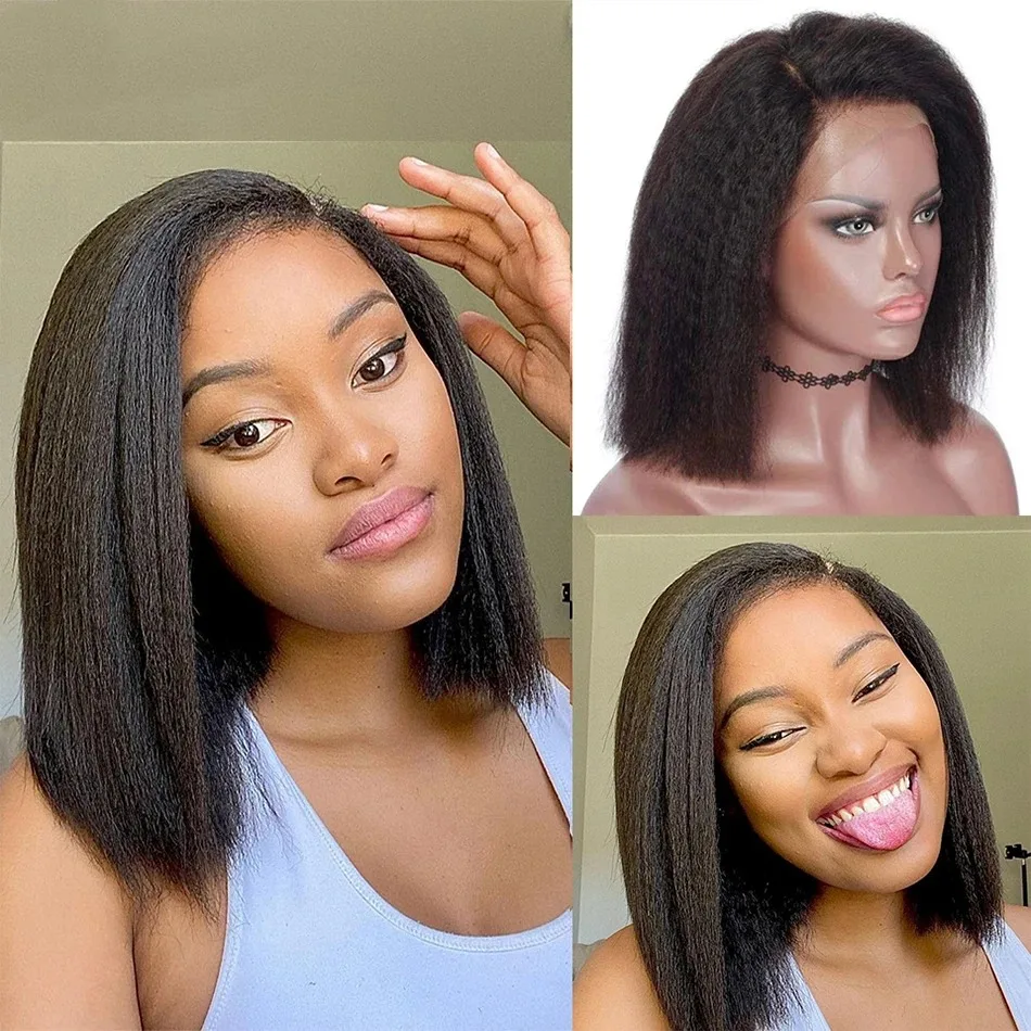 

Yaki Straight Wear And Go Glueless Human Hair Wig Kinky Straight Short Bob Non Lace Frontal Wig Human Wigs Ready To Go