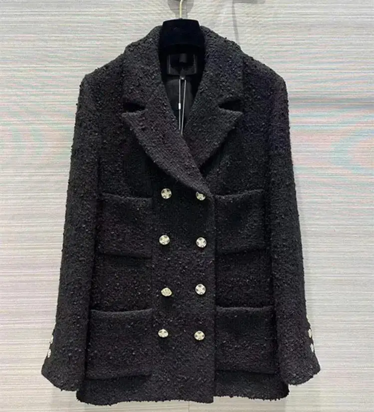 European and American women's clothing 2024 autumn new Long-sleeved suit collar double-breasted black fashion The tweed jacket