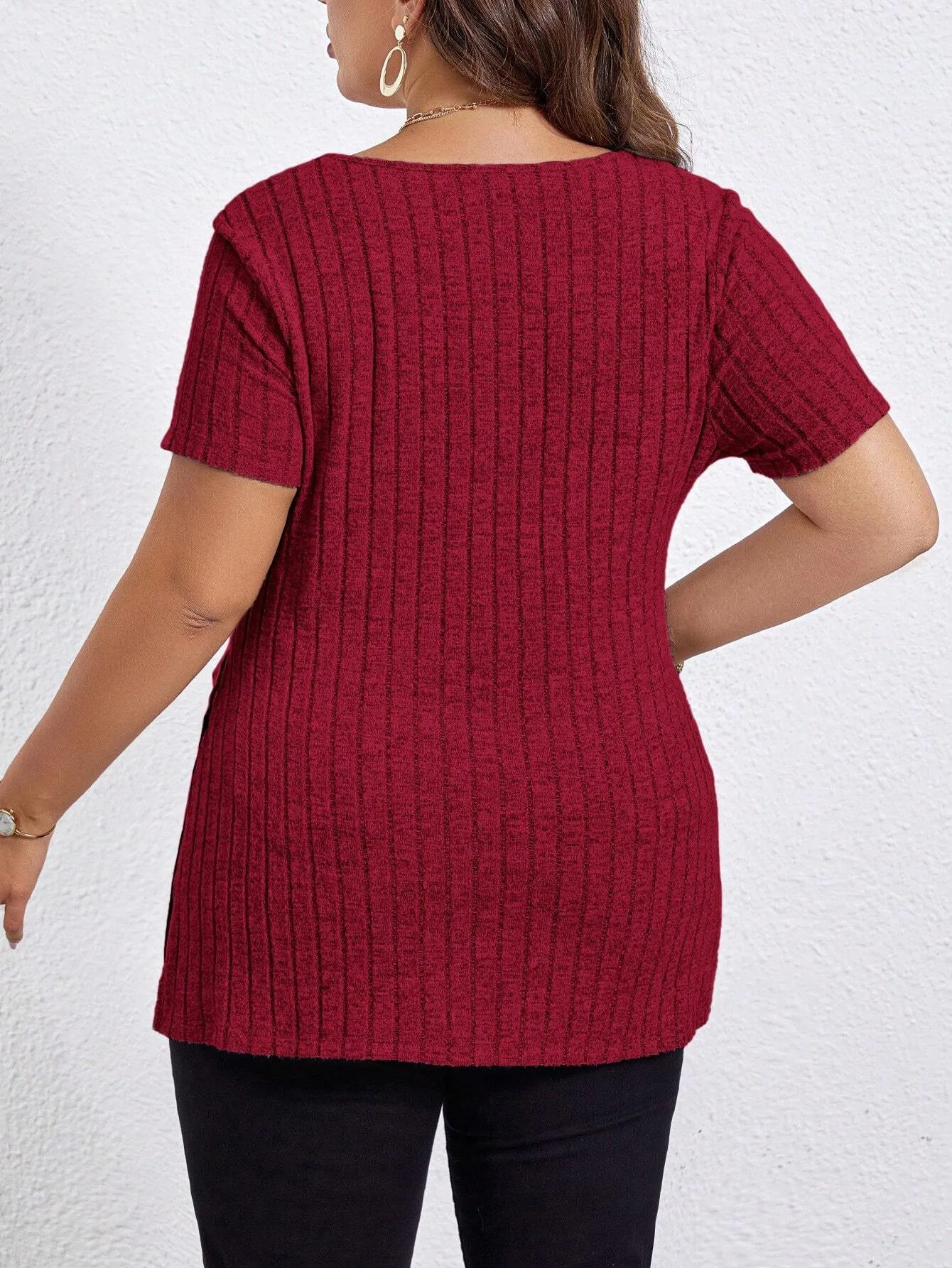 GIBSIE Plus Size Summer V Neck Short Sleeve T Shirt Women Fashion 2024 New Solid Rib-knit Casual Side Split Long Tees Tops