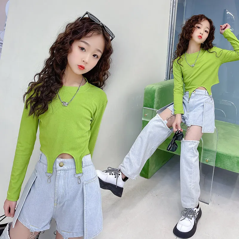 Kids Girl Hip Hop Clothing Sets Long Sleeves Crop Tops Jeans Pants with Chain New Fashion Clothes Streetwear Dance Stage Costume