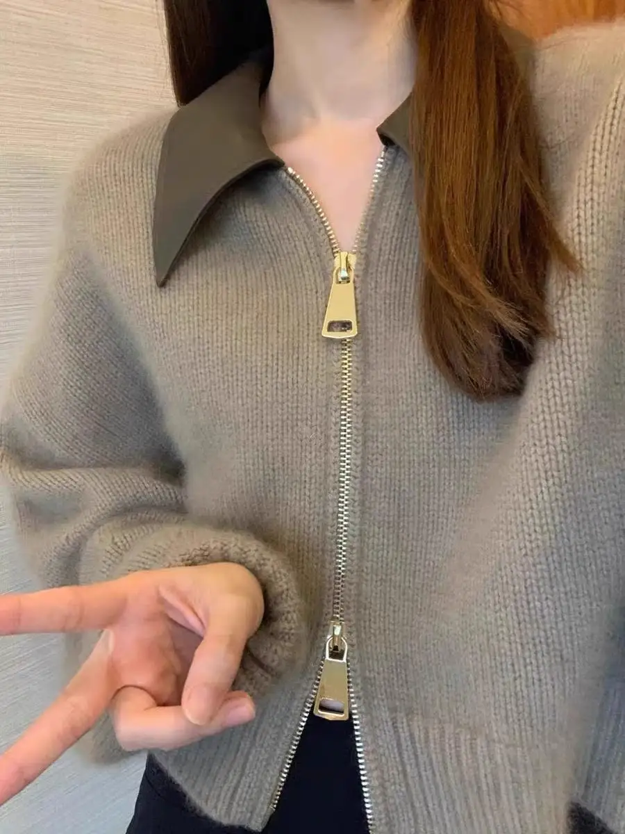 트렌디한 스플라이스 가죽 칼라 더블 지퍼 니트 스웨터 여성용 가을 겨울 신상 슬레 엘리 탑 코트 단색