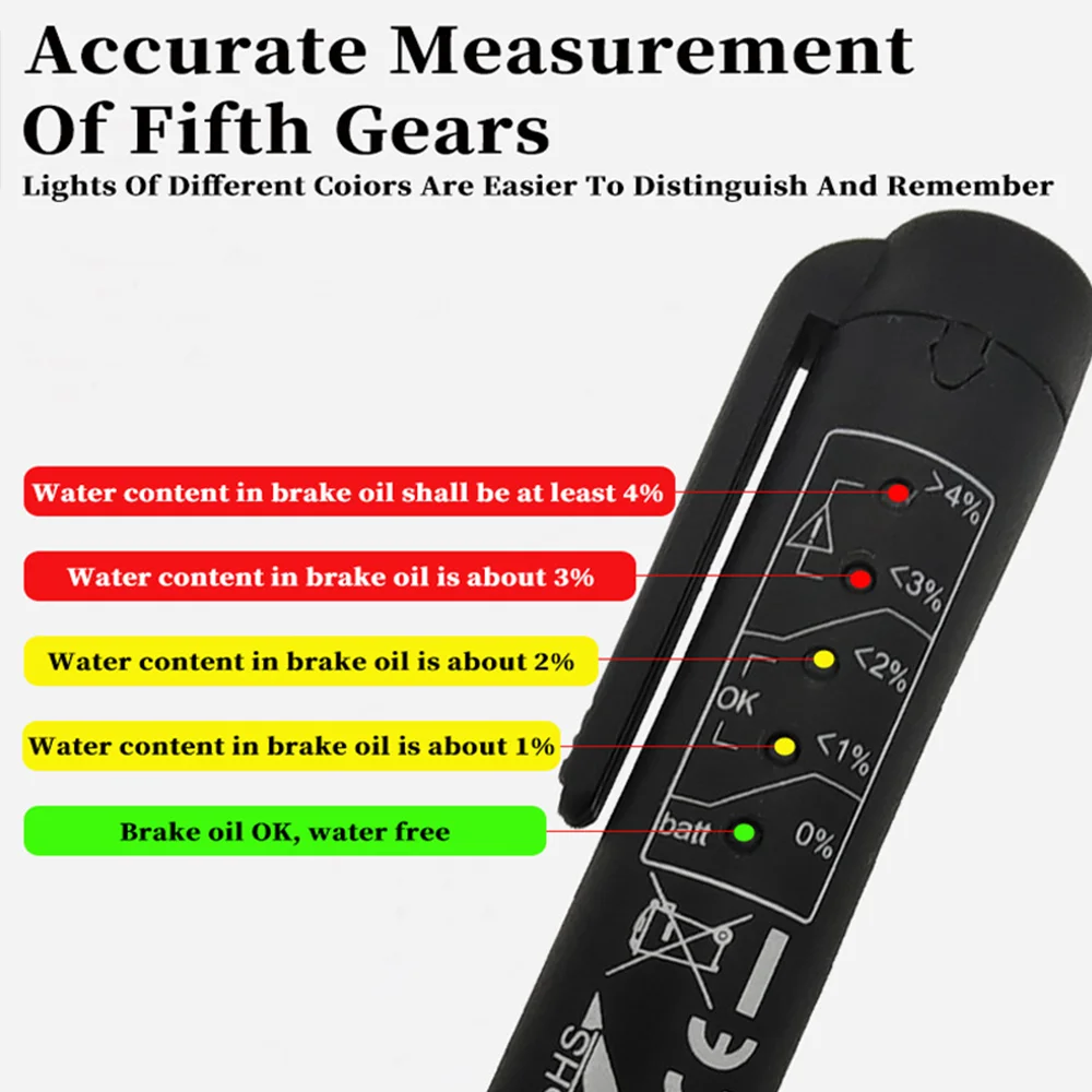 Brake Fluid Tester Pen,Hydraulic Fluid Liquid Oil Moisture Analyzer with 5 LED Indicators,Testing Tool for DOT3/4/5.1 Brake Flui