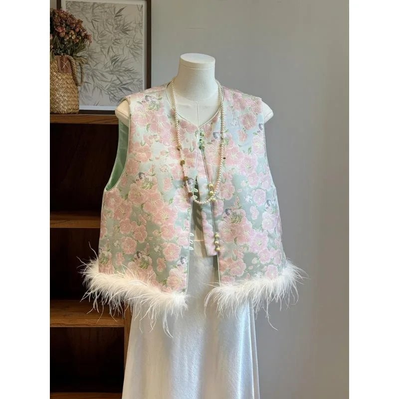 

Ретро-жилет из хлопка с меховой подкладкой, модный, новый, в китайском стиле, розовый, для молодых моделей, осенне-зимний, длинный, с принтом, из тонкого полиэстера