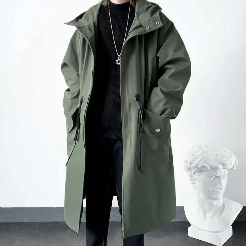 LIBIELIY 2025 Spring Autumn Army Green Windbreaker Fashion Men Mid-length Casual Hooded Coat Men Daily High Street Overcoat Male