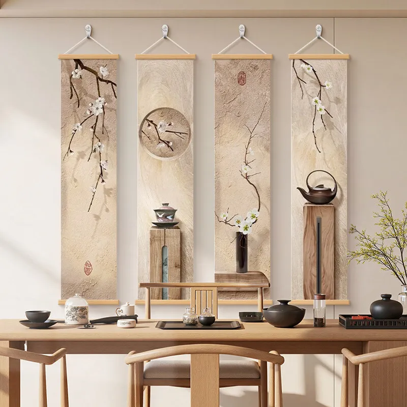Wall Art White Plum Blossoms and Dark Ink Branch Vintage Chinese Pearlescent Canvas Hanging Scroll with Wooden Rods for Study