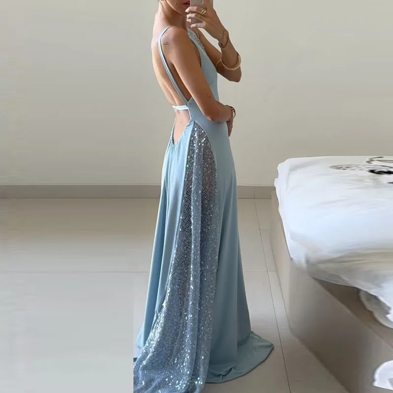 

Элегантное вечернее платье макси без рукавов, однотонное, с сетчатыми вставками и пайетками, для банкетов, премиум-класса