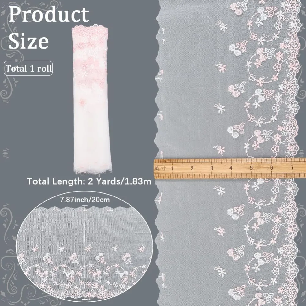 2 Yards x 7.9 Inch Lace Trim Ribbon Pink Floral Cherry Motif Embroidered Lace Ribbon Sheer Mesh Scalloped Edge Polyester