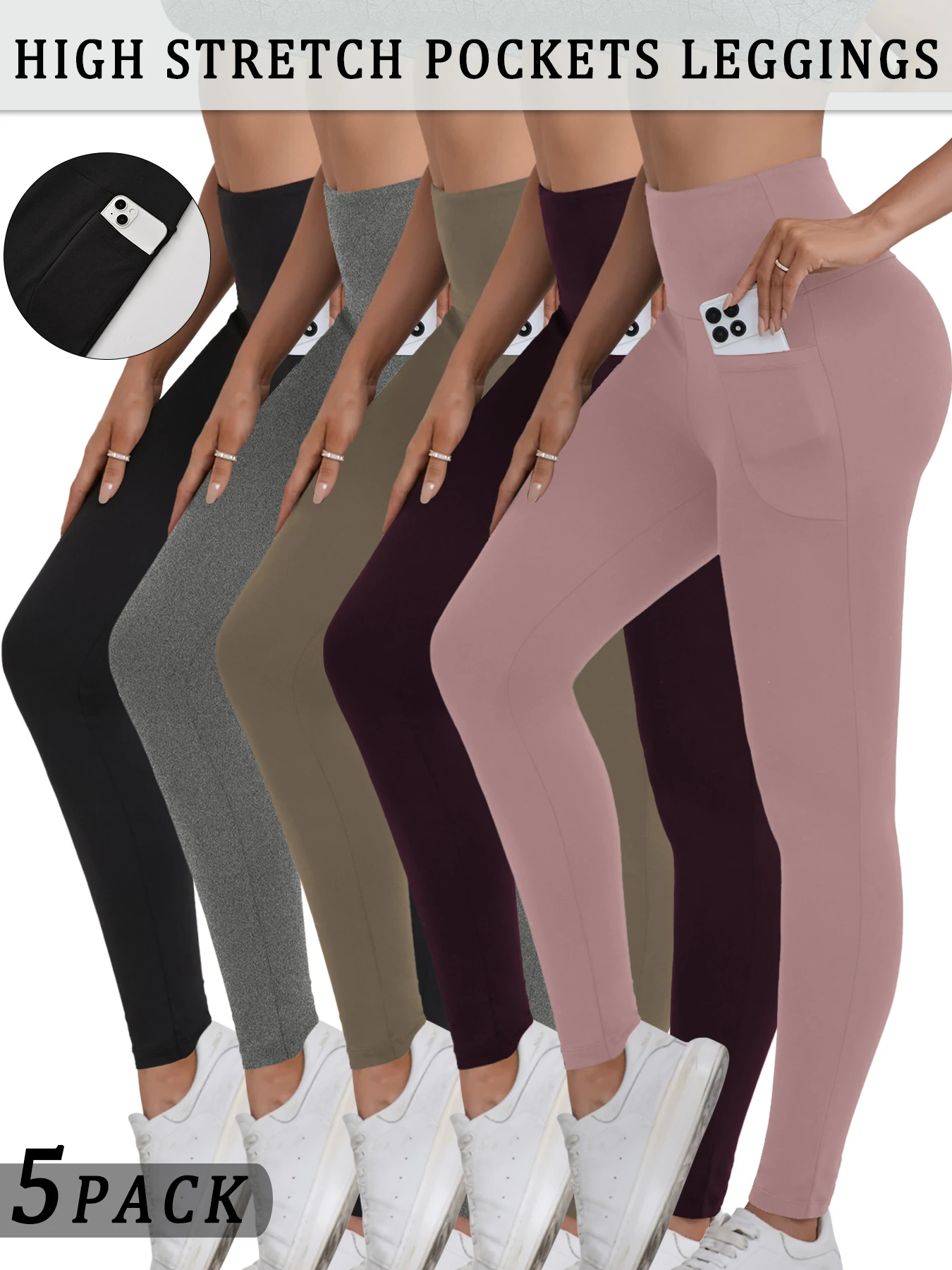 

5 Pack Super Soft Sports Leggings With Pockets For Women High Waisted Workout Yoga Running Tight Pants Push Up Gym Fitness