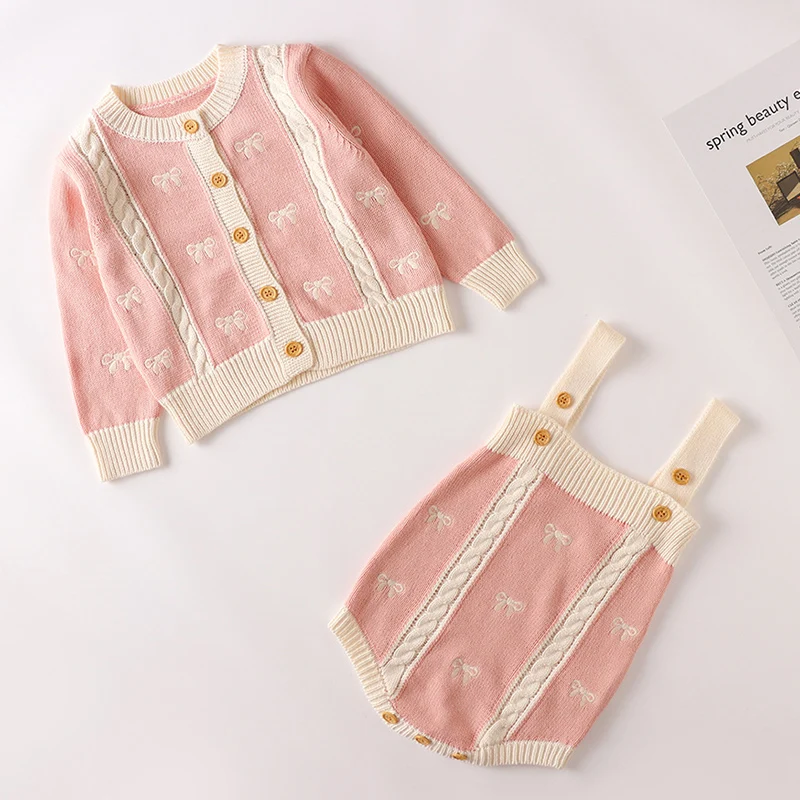 Autumn Winter Children Knitted Clothing Suit Long Sleeved Embroidered Cardigan Coat+Jumpsuit Newborn Baby Girls Clothing Set