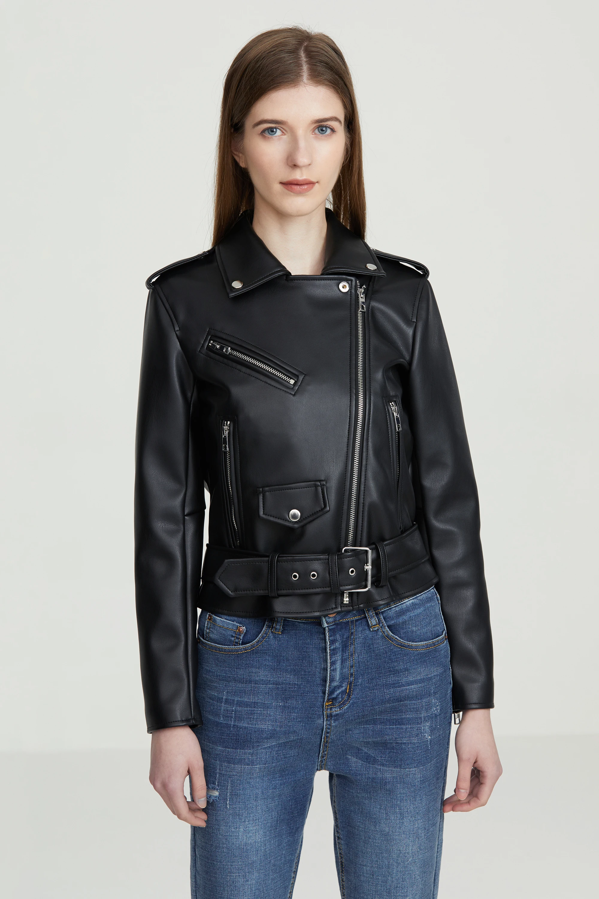 Dames Moto Biker zwarte punk jas dame met riem leren jas kunst PU lederen bovenkleding