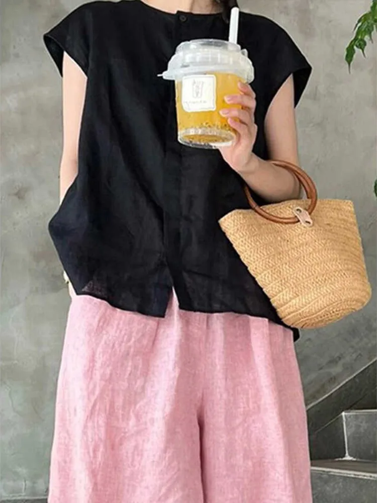 ฤดูร้อนชุดผ้าลินินผ้าฝ้ายผู้หญิง Bla Svel irt Anti-Aging สีชมพูกางเกงขากว้างผ้าลินิน 2 ชิ้นบาง Faion ชุด