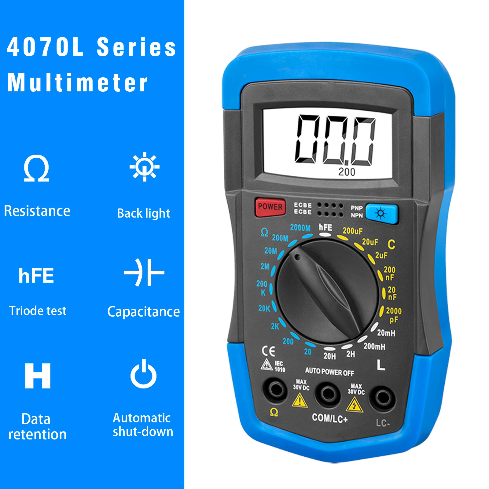 HP-4070L LCR Multimeter 1999 Counts Inductance Capacitance Resistance Transistor hFE Backlight 9V