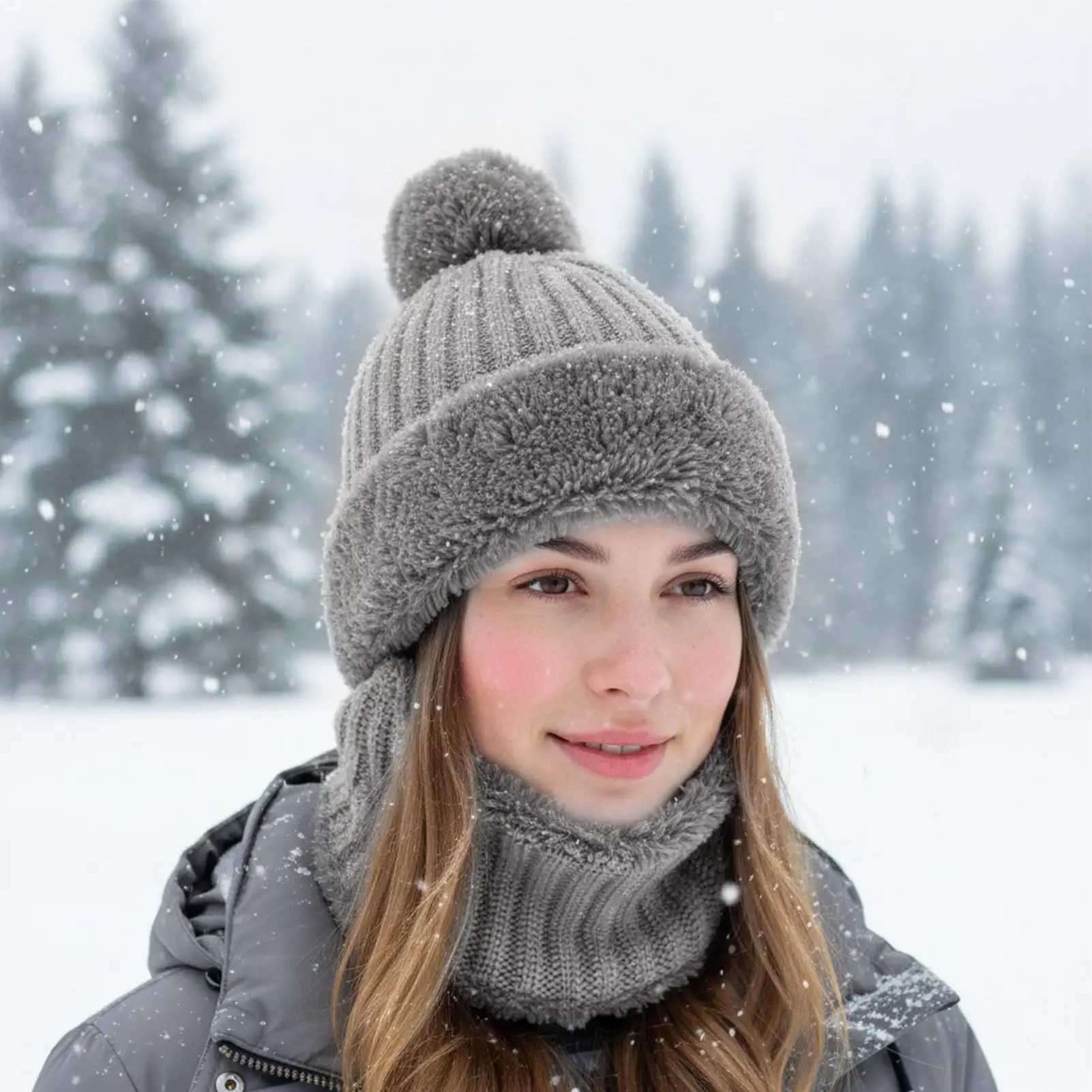 Knit Hat Cycling Beanie With Neck Gaiter Fleece Lining Cute Hats For Women With Ear Flaps For Cold Weather Autumn Hiking Travel