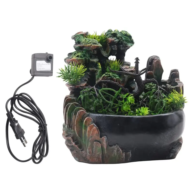 ABKL-EU Plug,Indoor Simulation Resin Rockery Waterscape Feng Shui Water Fountain Home Desktop Decoration Crafts